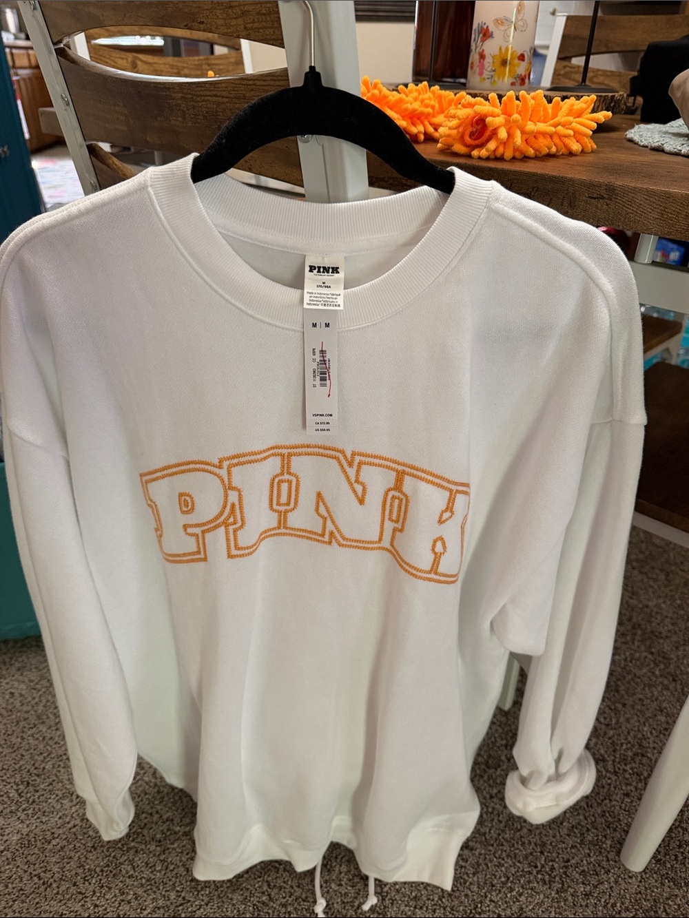 PINK Victoria's Secret White Sweatpants with Orange Logo shirt outfit